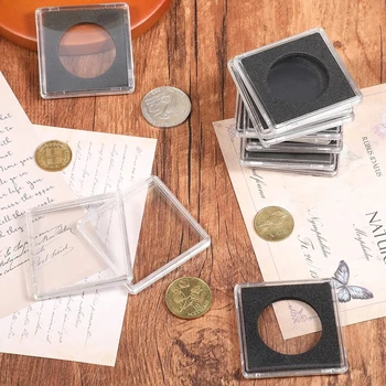 12Pcs Акрилни кутии за съхранение на монети Капсула доларови монети Snaps Кутия за събиране на значки за домашна спалня Офис монета протектор консумативи