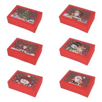 12Pcs Коледна кутия за подаръци за бисквитки с прозорец Празнична кутия за печене на сладкиши Контейнер за лечение на храни за сладкиши Бонбони