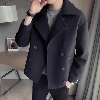 2022 Есен и зима вълна смес Мъжко палто Корейски Windbreaker Loose Кратко Casual Jacket Social Solid Black