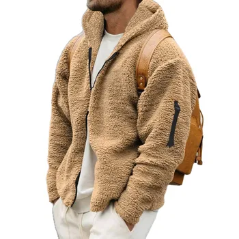 2023 Есен Зима Мъже Размита руно палто мода плътен цвят дълъг ръкав топло сива врана случайни мъжки цип суитчър връхни дрехи куртк