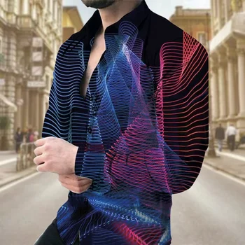 2023 Мъжка риза дълъг ръкав 3D 3D 3D линия ревера бутон Мъжко лятно палто топка рожден ден мода гадже риза S-6XL