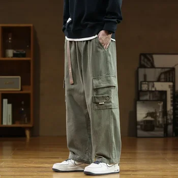 2023 Нови мъже карго панталони памук прав широк крак извънгабаритни панталони мъжки корейски стил есен голям размер модни джобове ежедневни панталони