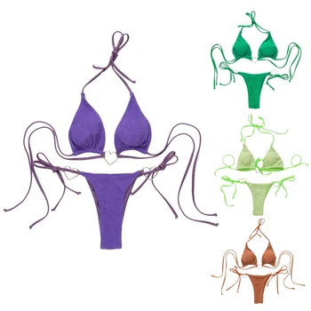 2024 Нови жени бикини комплект шнур плътен цвят бански костюми прашки бански секси малък гърдите събрани бански костюм обвивка бански костюм