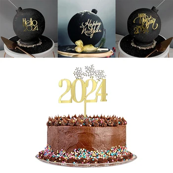 2024 Честита Нова Година Топери за торти Странична декорация на торта Акрилни Златни Cupcake Topper Коледно парти Печене DIY Детски подарък за дома
