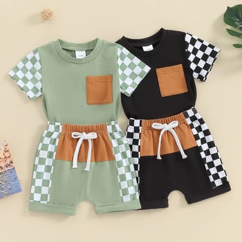 2Pcs бебешко облекло момче летни памучни екипировки шахматна дъска къс ръкав върховете + пачуърк шорти комплект детски дрехи