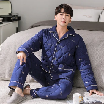 3-слойна сгъстяваща мъжка зимна пижама 100% памук спално облекло за спане топли фланелени пижами комплекти луксозна карирана пижама hombre 3XL