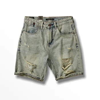 3633# Летни нови американски ретро дупки дънкови шорти мъжка мода 100% памук измити стари свободни прави случайни панталони до коляното
