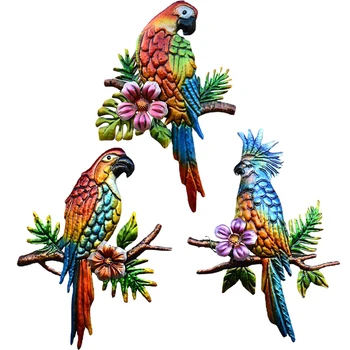 3Pcs цветна външна стена изкуство птици скулптура тропическа птица ара стена скулптура висящи ръчно изработени подарък ограда декорация дома