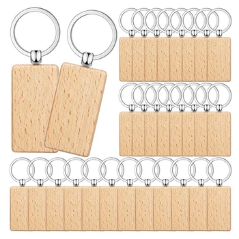 50 парчета празен дървен ключ етикет ключ гравиране заготовки недовършени дърво ключодържател ключодържател ключови маркери за DIY занаяти,правоъгълник