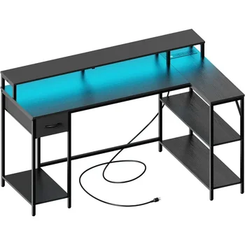 53 инчов L образно бюро с LED светлини и електрически контакти, реверсивно компютърно бюро с рафтове и чекмедже, маса за домашен офис