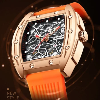 AILANG Луксозна марка Розово злато Автоматични механични часовници Мъжки скелет Спортен часовник Мъж гумена каишка reloj hombre
