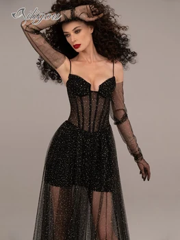 Ailigou 2023 Нови дамски черни спагети каишка рокля без ръкави пенливи окото дълга каишка рокля ръкавици безплатно парти клуб рокля