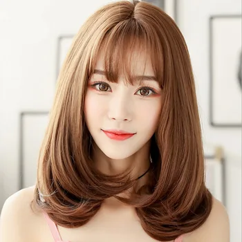 Air бретон перука за жени с крушовидна форма бретон, пухкави модни момичета със средно дълга коса, корейски реалистични дълга къдрава коса