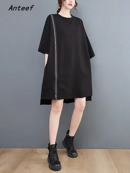 Anteef къс ръкав извънгабаритни черни памучни винтидж рокли за жени случайни хлабав мини лятна рокля елегантно облекло 2023