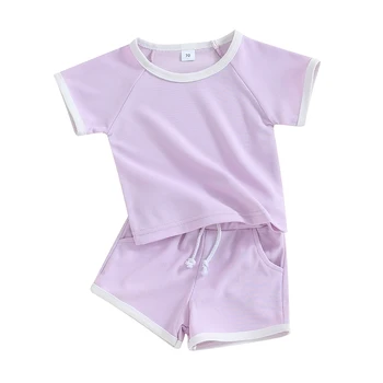 Baby Girl Момче Дрехи Лятна вафла Твърда тениска с къс ръкав и къс комплект Сладко облекло за момичета за малки деца