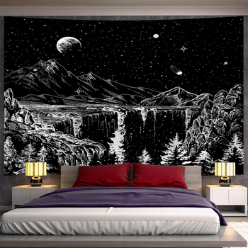 Black Starry Sky Tapestry Wall Hanging Sun And Moon Магьосничество Психеделично изкуство Планинско хипи Естетическа стая Декор