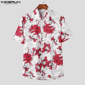 Casual празник стил върховете INCERUN нови мъже мода растение печат модел къс ръкав ризи улично облекло мъжки гореща продажба блуза S-3XL