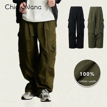ChiclyNana 2024 Нов реколта хлабав джоб широк крак работни панталони случайни прави панталони за мъже