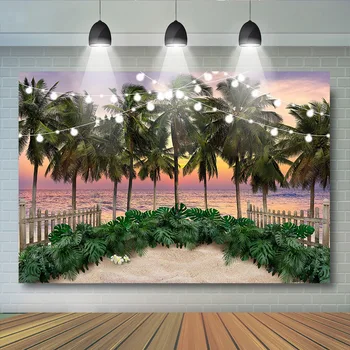 Coconut Tree Beach Summer Sunset Backdrop Възрастен Портрет Фотография Деца Портрет Фон Подпори Палмови вълни Фотостудио