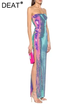 DEAT Елегантна рокля без презрамки с висока цепка Цветни пайети Дамски персонализирани вечерни парти рокли 2024 Пролет нова мода 35Z216
