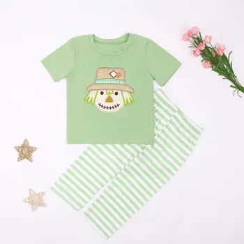 Fall детски панталони набор стил бебе момче зелен топ дрехи бутик плашило апликация къс ръкав плат красиви детски екипировки