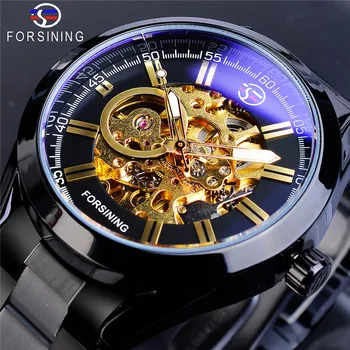 Fashion Forsining Top Brand Men Casual Hollowed Out Blue Glass Waterproof Automatic Mechanical Full Black Stainless Steel Watch