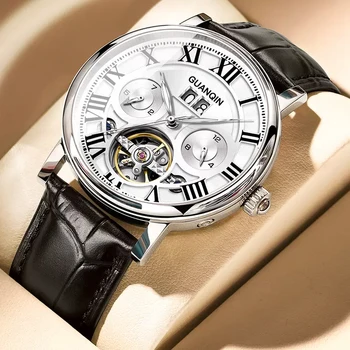 GUANQIN Многофункционални механични Луксозни мъжки часовници Кожена каишка Стоманена обвивка Водоустойчив Мъжки часовник Sapphire Tourbillon часовник