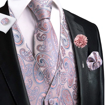 Hi-Tie коприна мъжки жилетки Paisley розова брошка v-образно деколте жилетка вратовръзка ханки копчета за ръкавели комплекти за мъжки костюм сватба официално бизнес парти