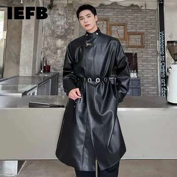 IEFB Мъжки тренчкот кръг врата PU кожа Windbreaker мода корейски стил над коляното дълго палто тенденция хлабав есен 9C2816