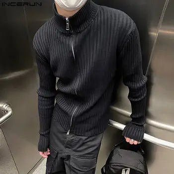 INCERUN върховете 2023 корейски стил мъжки двоен цип плетен пуловер есен/зима отдих улица твърди дълъг ръкав пуловер S-5XL