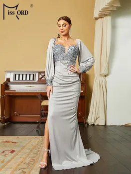 Missord Елегантна сива сатенена вечерна рокля 2023 Дамски фенер ръкав пайети колан страна сплит абитуриентски парти русалка рокли дълга рокля