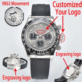 NEW 39mm часовник VK63 часовник мъжки луксозен кварцов часовник DIY персонализирано лого набиране неръждаема стомана сапфир стъкло случай водоустойчив часовник