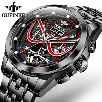 OUPINKE Автоматичен часовник за мъже Луксозен Spider Dial Tourbillon часовници водоустойчив черна стомана мъжки механичен часовник Reloj Hombre