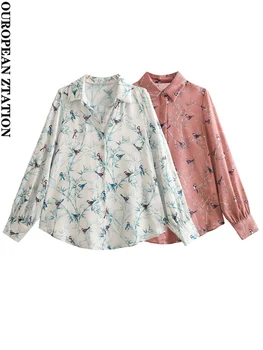 PAILETE Жени 2023 модни печатни сатенени ризи реколта дълъг ръкав копче нагоре женски блузи blusas шик върхове