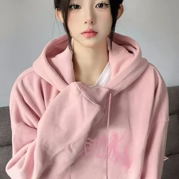Pink Fleece Lined Hoodie Women Есен Зима 2023 Нова корейска мода Мързеливи ежедневни сладки облекла All-Match Loose Hooded Sweatshirt Top