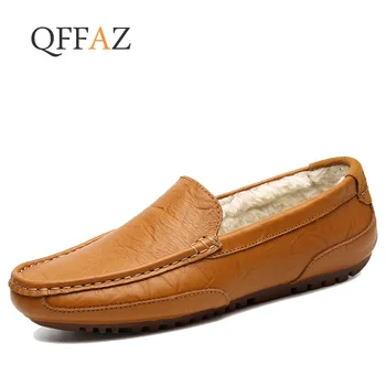 QFFAZ Висококачествени обувки от естествена кожа Топла кожа Приплъзване на мъжки обувки Зимни обувки мъжки ежедневни обувки Мокасини Zapatos De Hombre