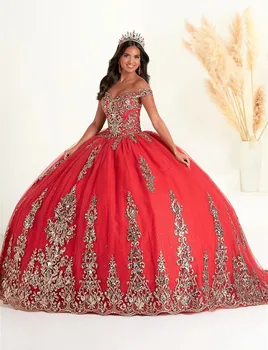 Red Quinceanera рокли топка рокля от рамото тюл апликации мексикански сладки 16 рокли 15 Anos