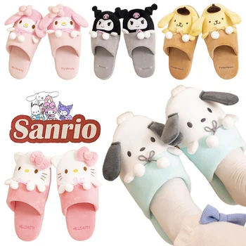 Sanrio Hello Kitty плюшени чехли карикатура аниме Начало Зимни топли памучни обувки Жени Вътрешна спалня Неплъзгащи се плоски домашни чехли