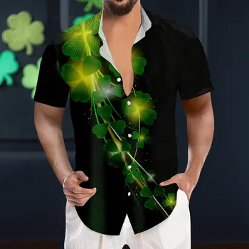 St-Patrick-Day ризи Мъжки блузи с къс ръкав Зелена риза Hombre блузи Ирландски национален ден детелина ревера врата ваканция camisas
