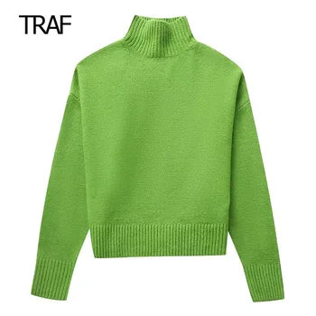 TRAF плетен зелен топ дамски пуловер есен 2023 Поло дълъг ръкав модни пуловери жени луксозна марка висококачествен пуловер