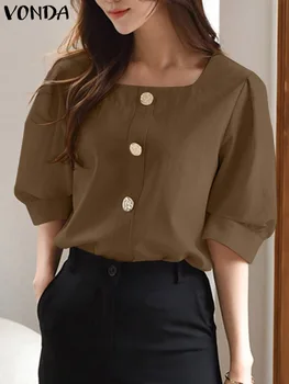 VONDA Дамска модна блуза 2024 Летни върхове Ежедневни ризи Къс ръкав Свободна твърда квадратна яка Елегантен офис Blusas Femininas
