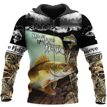 Walleye риболов Camo 3D всички над печатни мъже делукс сива врана дрехи унисекс суитчър цип пуловер случайни яке анцуг