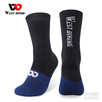 WEST BIKING Професионални чорапи за колоездене Спортен дишащ цветен блок Дълги чорапи Неплъзгаща се компресия MTB Bike футболни чорапи