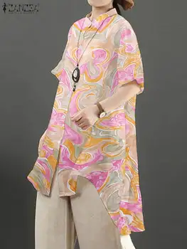 ZANZEA Мода Ripple печат дълги ризи жени случайни половин ръкав високо ниско Chemise лято нередовни подгъва върховете O врата отвесни блузи