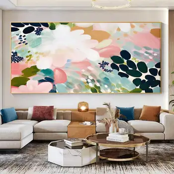 Абстрактно цвете маслена живопис върху платно Голяма стена изкуство текстурирани розови флорални изкуство обичай живопис Boho стена изкуство хол декор