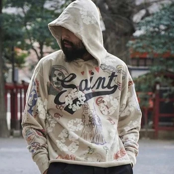 Американска улична мода Сейнт Майкъл Hoodie реколта измиване правя стара пълна версия графити печат качулка суитчъри Мъжко облекло