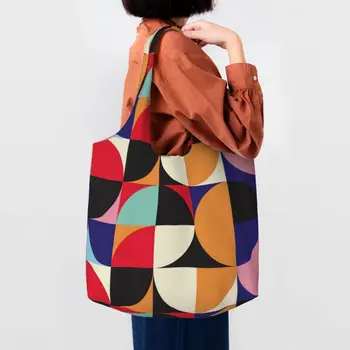 Баухаус цветен блок геометрична линия модерна платно пазарска чанта жени рециклиране капацитет хранителни стоки минималистичен голяма пазарска чанта