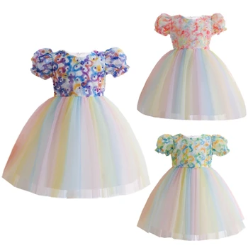 бебе момичета бутер ръкав тюл принцеса рокля 3D цвете мъниста парти топка рокля