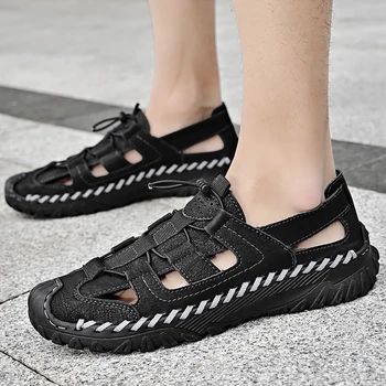 Висококачествени мъжки сандали от естествена кожа Летни дишаща еластична лента плажни сандали за мъже Външни причинно-следствени обувки на платформа