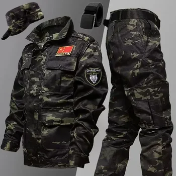 Военни камуфлажни тактически комплекти мъже мулти-джобове износоустойчиви бойно яке + карго панталони на открито обучение риболовни костюми мъжки
